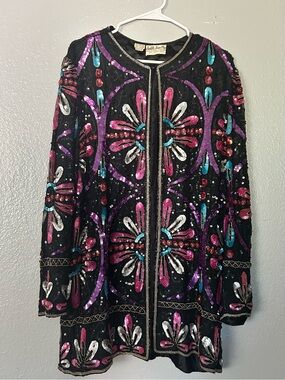 Vtg 80s Judith Ann Plus Silk Beaded Jacket 1X Fits L XL Floral Trophy Coat Luxur